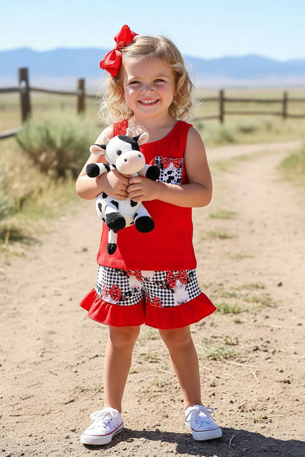 Western cow & white/black plaid girls boutique set XCH0777-34H