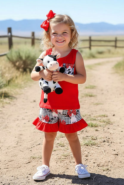 Western cow & white/black plaid girls boutique set XCH0777-34H