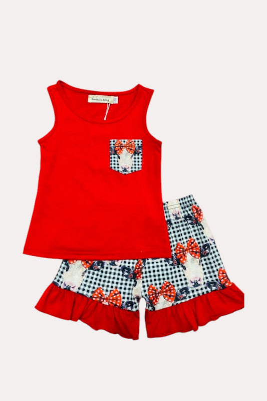 XCH0777-34H Red cow faces w/black & white plaid 2pc ruffle girls set
