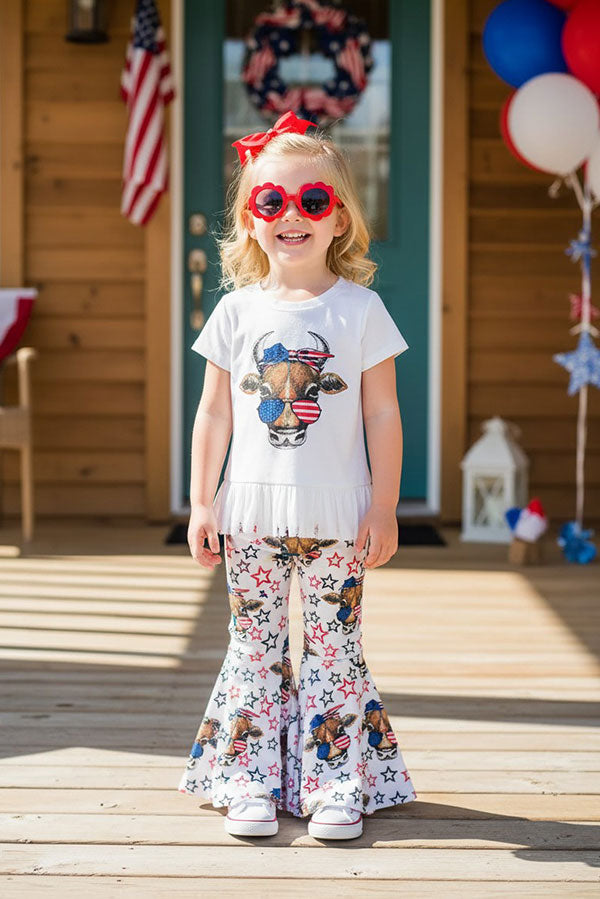 Patriotic cow w/sunglasses & headband fringe top w/bell bottoms set XCH0777-37H