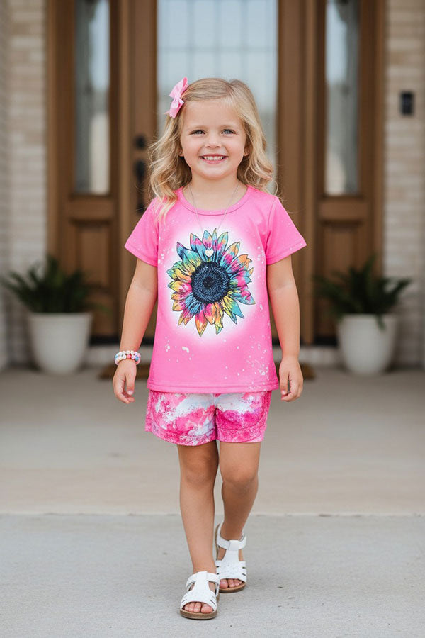 Western sunflower pink top tie dye shorts 2pc girls boutique sets XCH0777-6H