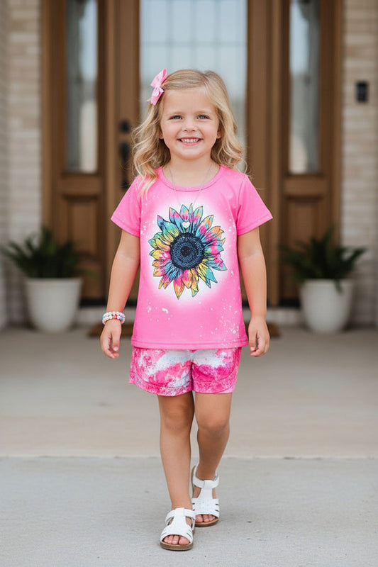 Western sunflower pink top tie dye shorts 2pc girls boutique sets XCH0777-6H