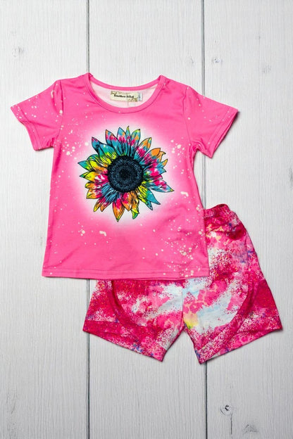 Western sunflower pink top tie dye shorts 2pc girls boutique sets XCH0777-6H