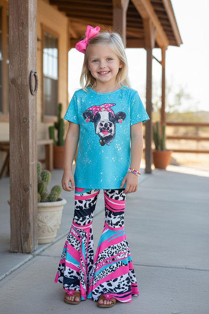 Western ranch turquoise short sleeve top & cow print pant girl's boutique set XCH0777-8H