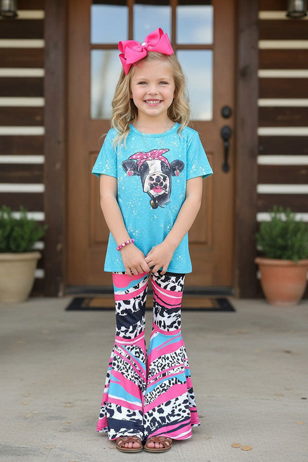 Western ranch turquoise short sleeve top & cow print pant girl's boutique set XCH0777-8H