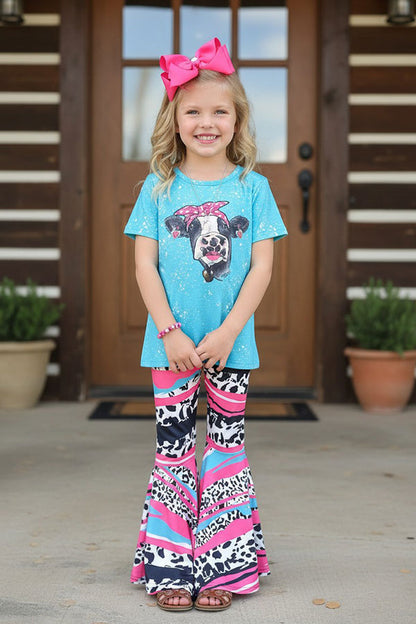 Western ranch turquoise short sleeve top & cow print pant girl's boutique set XCH0777-8H