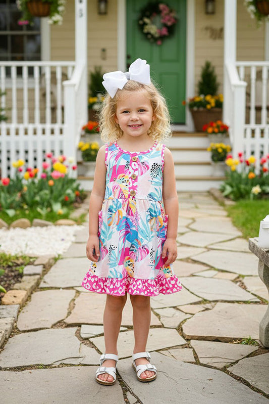 XCH0888-10H Floral print sleeveless girls dress with pink leopard pockets