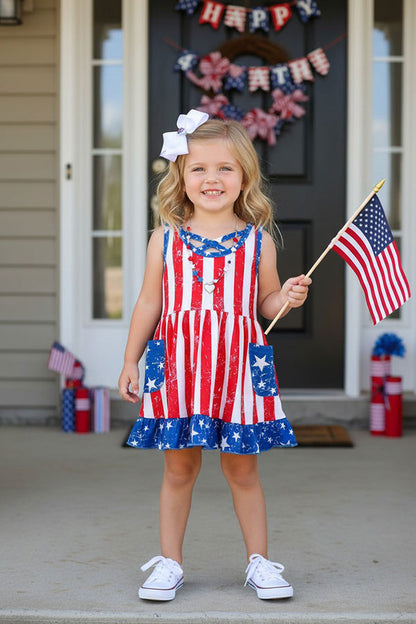 4th July USA FLAG Printed girl swirl dress w/pockets XCH0888-11H