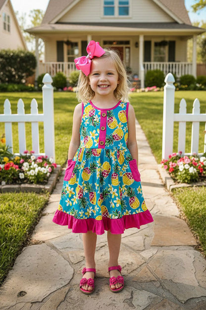 XCH0888-12 Turquoise & pink pineapple printed swirl ruffled girls dress