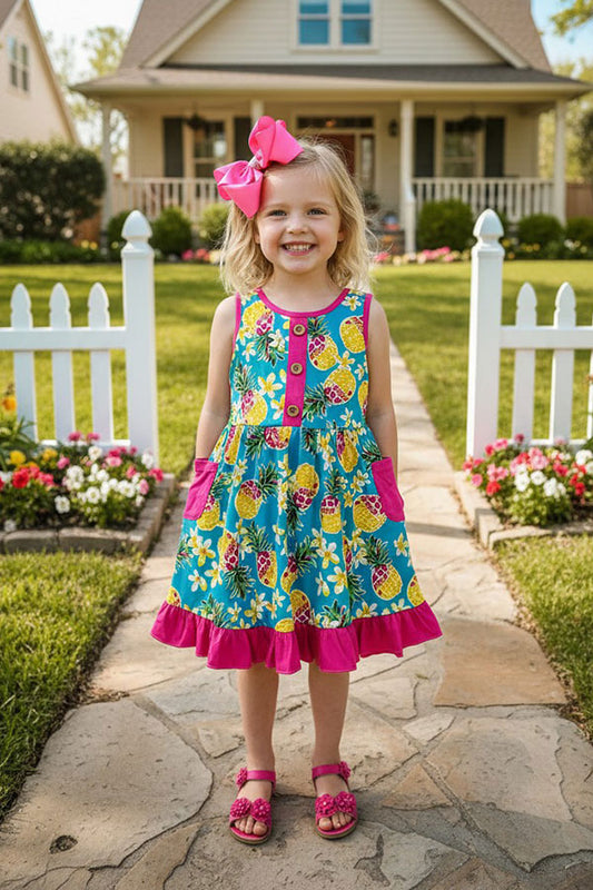 XCH0888-12 Turquoise & pink pineapple printed swirl ruffled girls dress