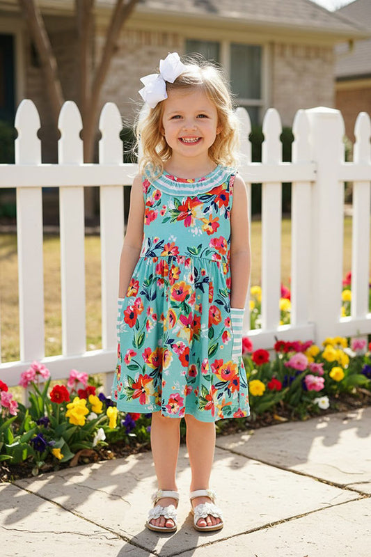 XCH0888-14H Green multicolor floral print w/stripped pockets girls dress