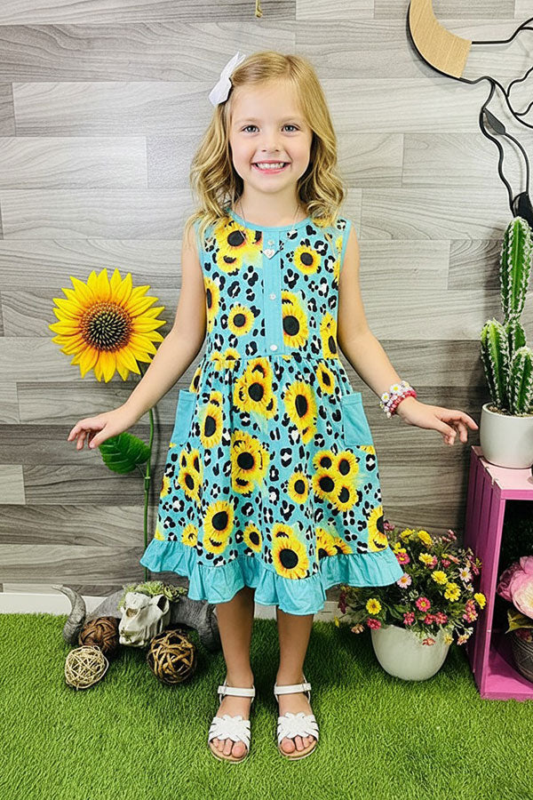 Western turquoise leopard & sunflower girl's boutique dress XCH0888-15H
