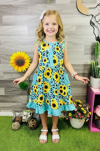 Western turquoise leopard & sunflower girl's boutique dress XCH0888-15H