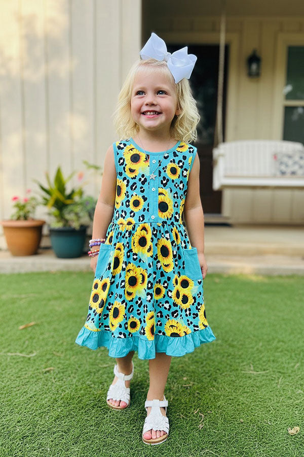Western turquoise leopard & sunflower girl's boutique dress XCH0888-15H