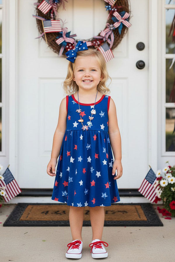 Shop 4th july Royal blue stars print girls dress w/red bow on back XCH0888-16