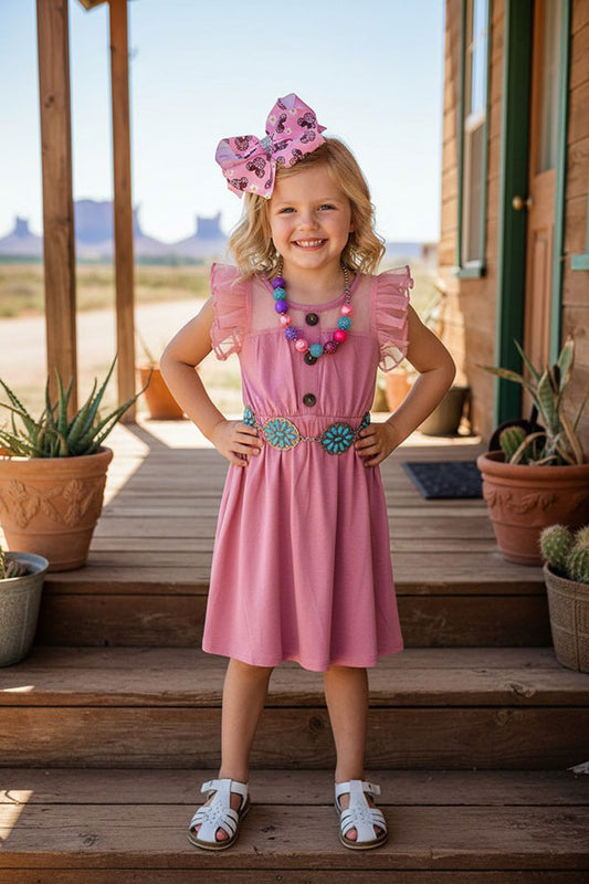 XCH0888-18H Rose pink tulle ruffle sleeve girls dress
