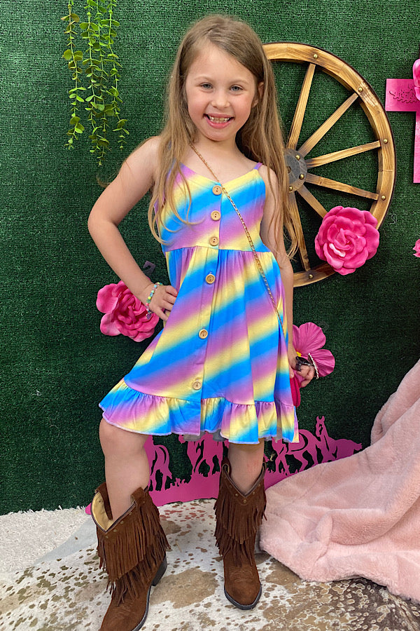 Chic Purple, yellow, & blue stripped print high low girls boutique dress XCH0888-23H