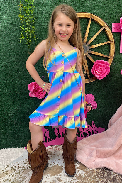 Chic Purple, yellow, & blue stripped print high low girls boutique dress XCH0888-23H