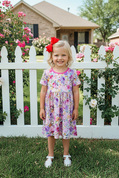 XCH0888-3 Multi color floral printed short sleeve girl dress w/side belt