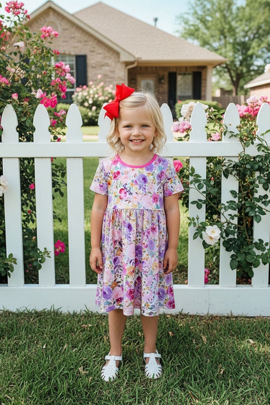 XCH0888-3 Multi color floral printed short sleeve girl dress w/side belt