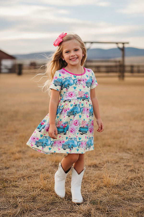 Western truck & floral short sleeve swirl girl's boutique dress XCH0888-5H