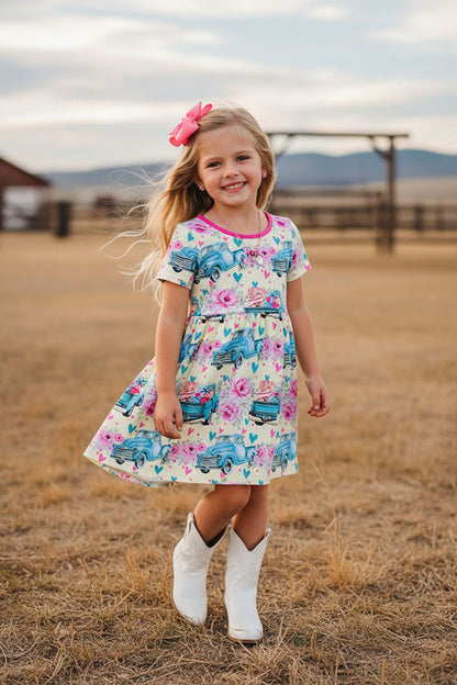 Western truck & floral short sleeve swirl girl's boutique dress XCH0888-5H