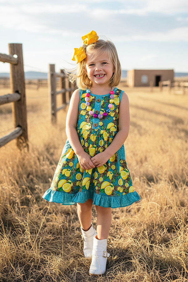 Trendy turquoise yellow lemons girl boutique dress XCH0888-8H
