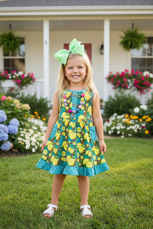 XCH0888-8H Turquoise yellow lemons printed girl dress w/pockets