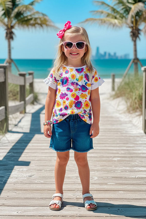 Western sunflower print short sleeve girls boutique top XCH0899-5H