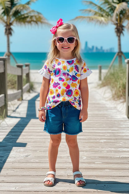 Western sunflower print short sleeve girls boutique top XCH0899-5H