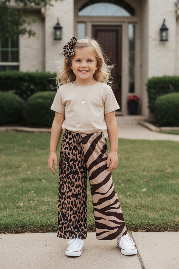 Western Brown leopard & zebra wide leg girls boutique pant XCH09015