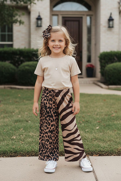 Western Brown leopard & zebra wide leg girls boutique pant XCH09015
