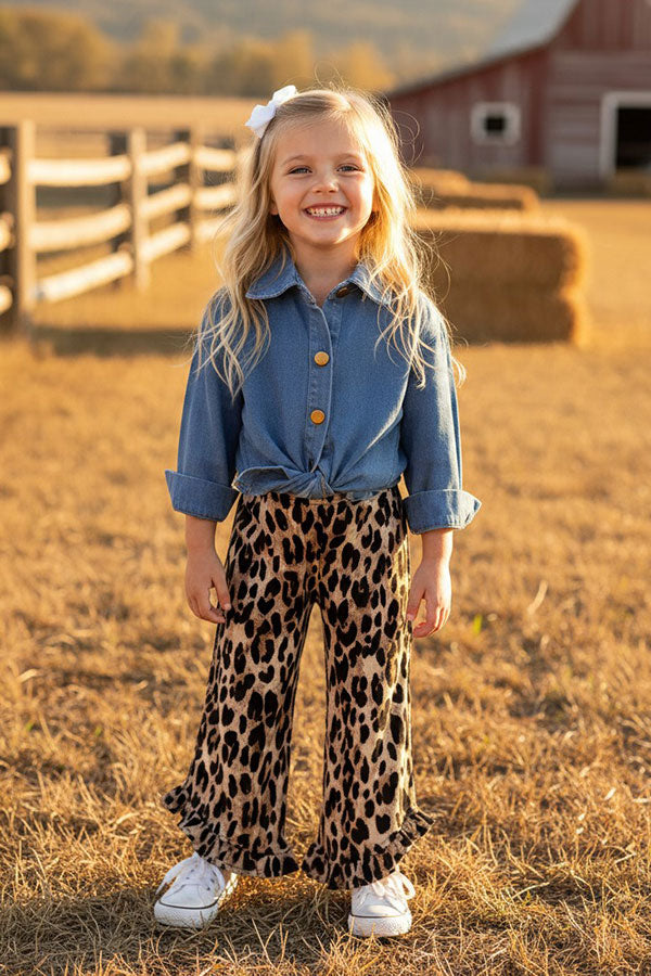 Western Leopard Ruffled High Low Girls Boutique Pant XCH0902