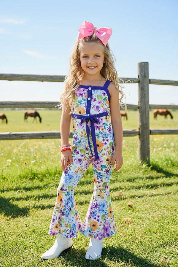 Chic floral & blue one piece girls boutique jumpsuit with waist tie XCH0999-24H
