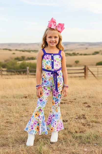Chic floral & blue one piece girls boutique jumpsuit with waist tie XCH0999-24H