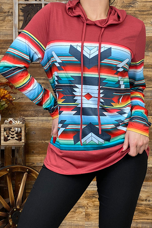 XCH10090 Maroon/multi color Aztec printed hoodie