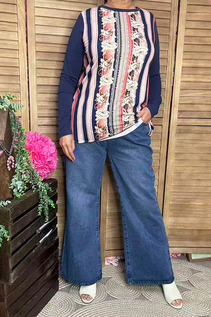 XCH10281 Rose/multi color striped long sleeve top