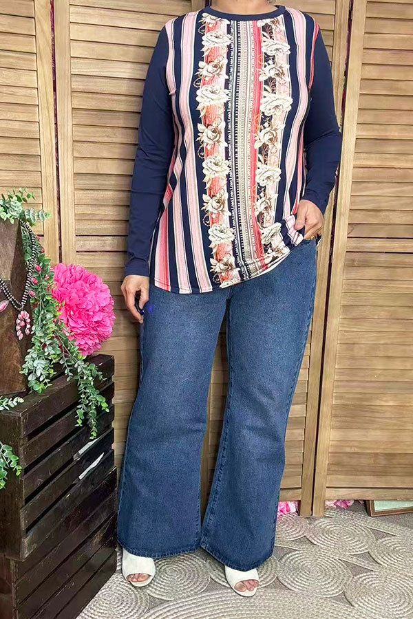 XCH10281 Rose/multi color striped long sleeve top