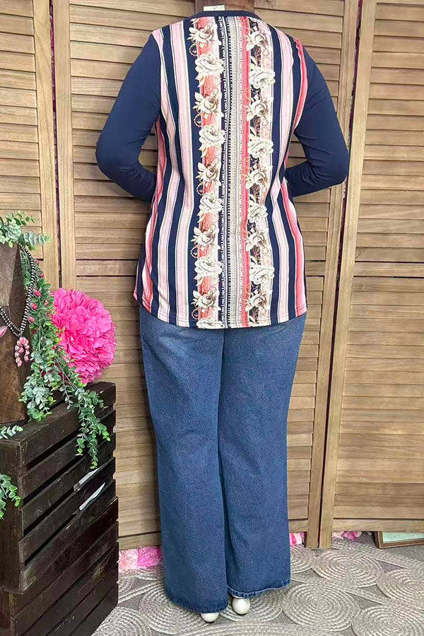 XCH10281 Rose/multi color striped long sleeve top