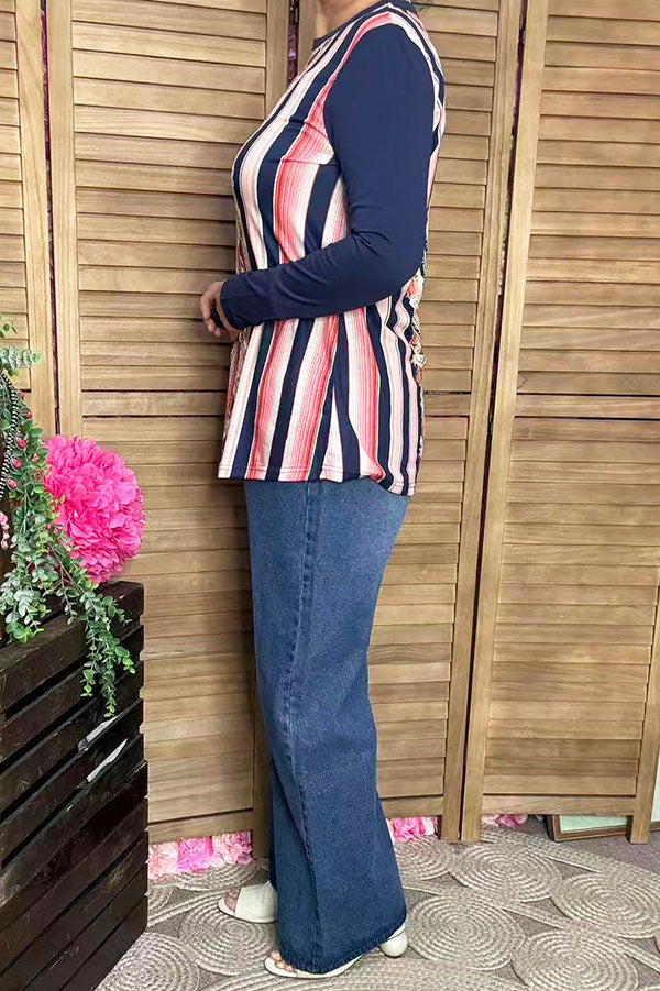 XCH10281 Rose/multi color striped long sleeve top
