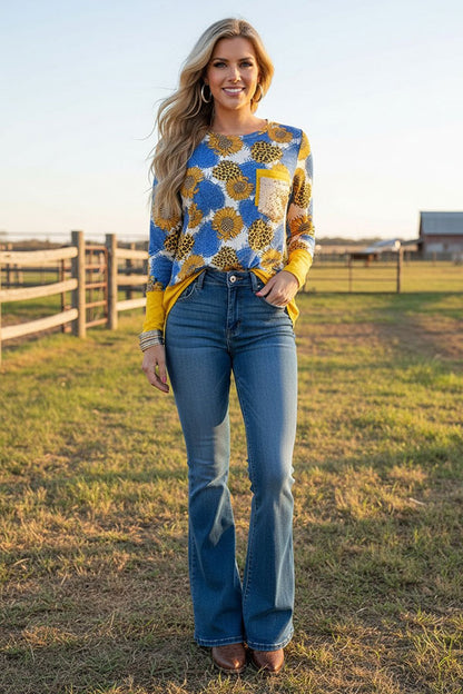western sunflower long sleeve women's boutique top w/sequin pocket XCH10344