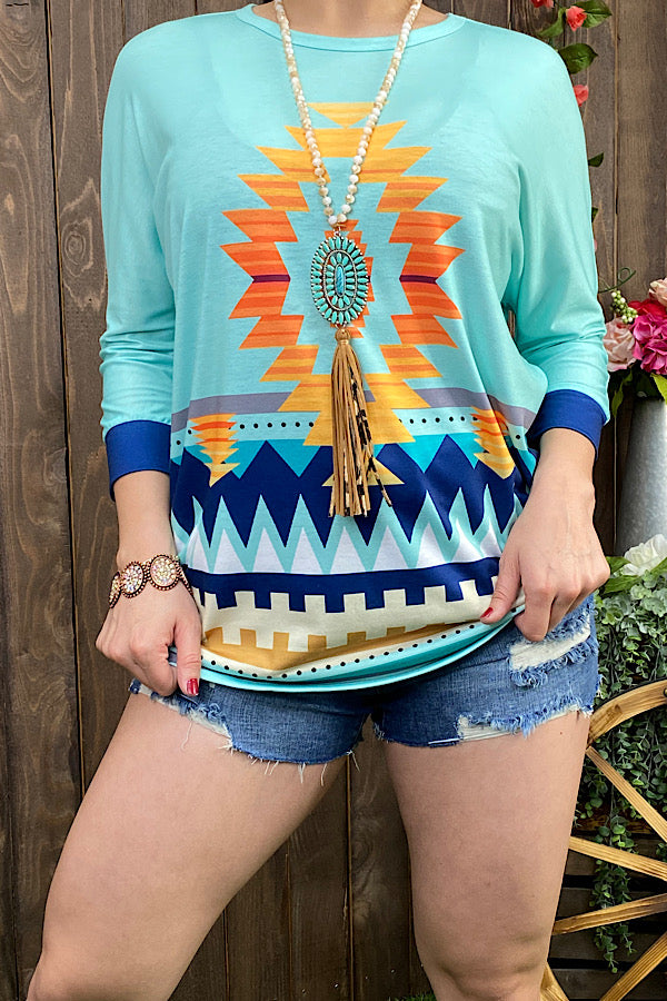 XCH10562Blue/yellow Aztec printed 3/4 sleeve top