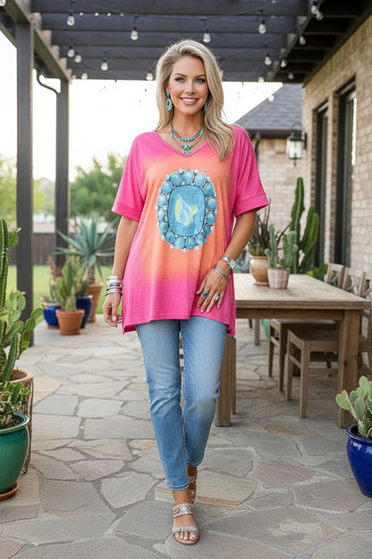 Western turquoise jewel side slits women's boutique top XCH10565