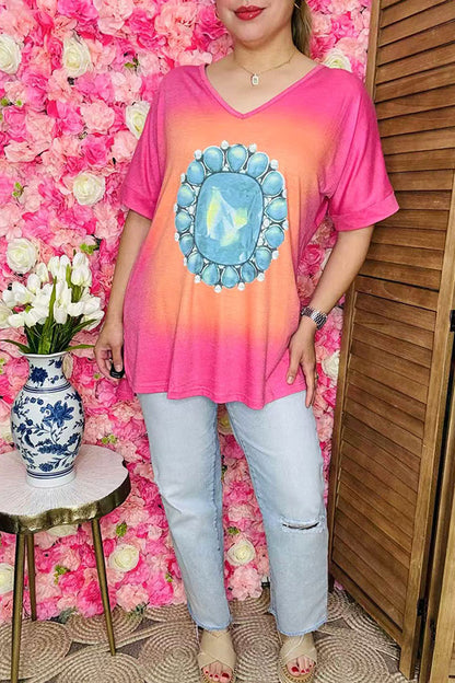 Plus size women clothing Pink & Orange t-shirt w/turquoise jewel print XCH10565