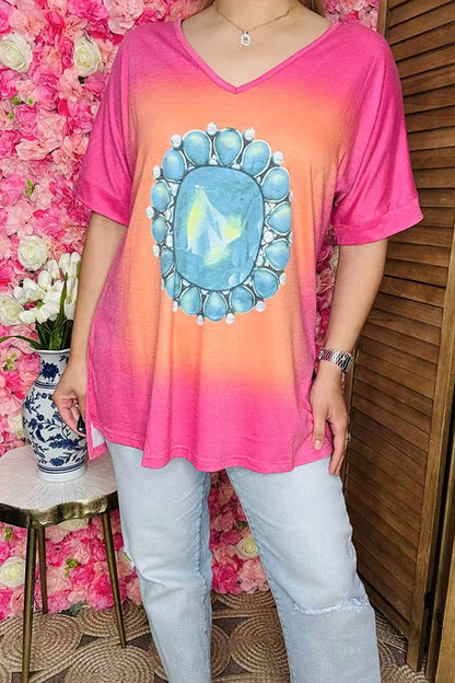 Plus size women clothing Pink & Orange t-shirt w/turquoise jewel print XCH10565