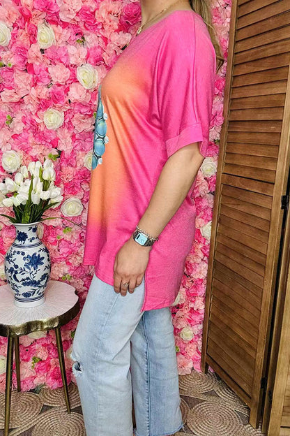 Plus size women clothing Pink & Orange t-shirt w/turquoise jewel print XCH10565