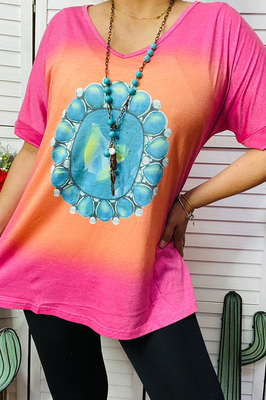 XCH10565 Pink & Orange t-shirt w/turquoise jewel print