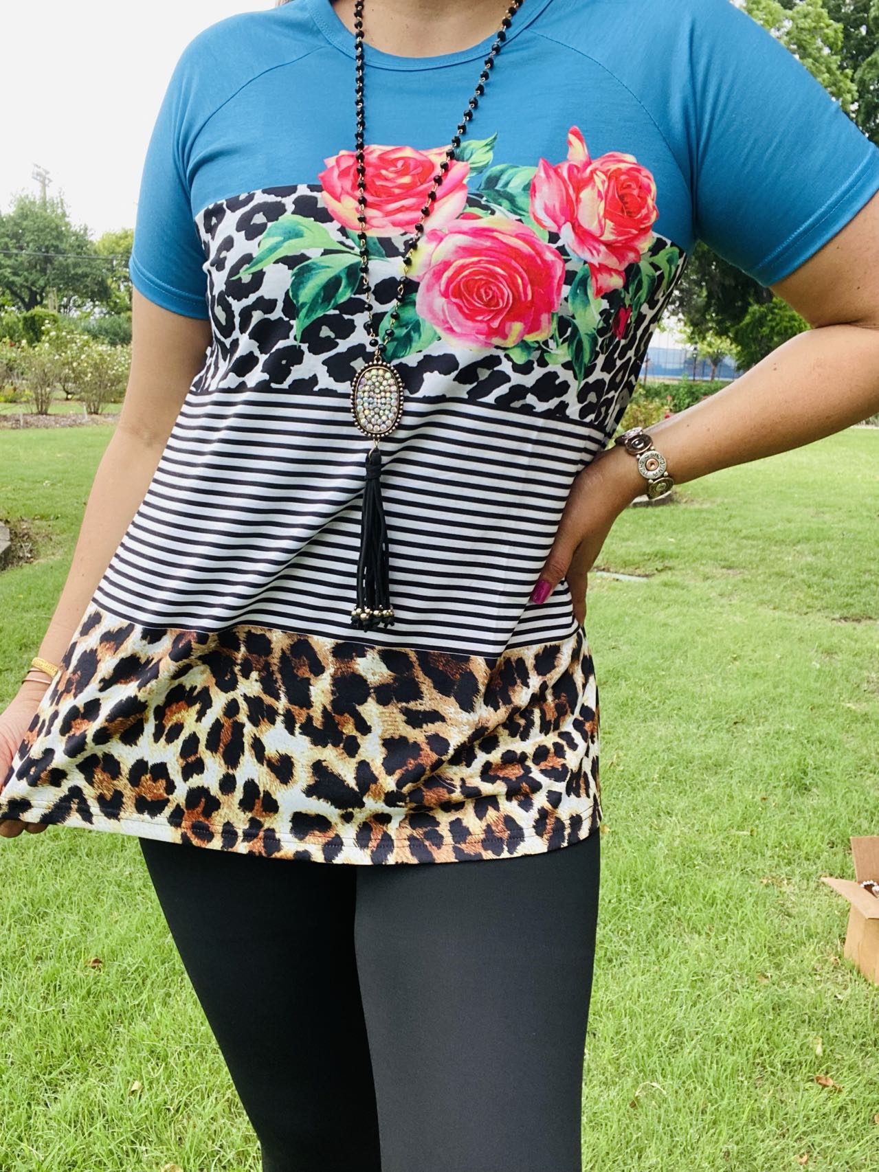 XCH10859 Leopard, floral & striped multi color blue printed short sleeve top