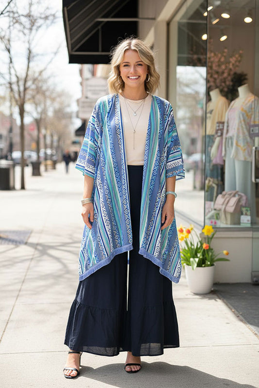 XCH10895 Blue aztec multi color printed w/trim short sleeves women cardigan