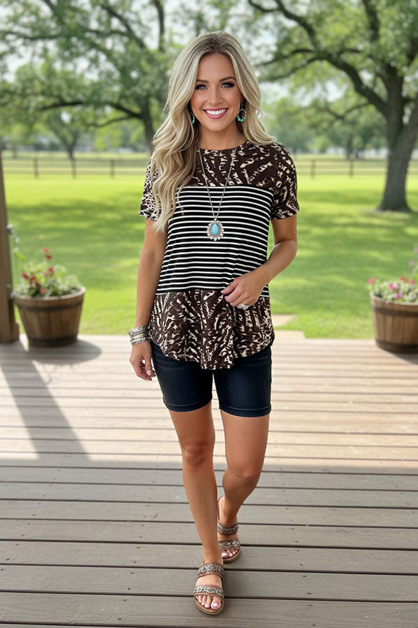 Western leopard & stripe short sleeve women's boutique top XCH11164